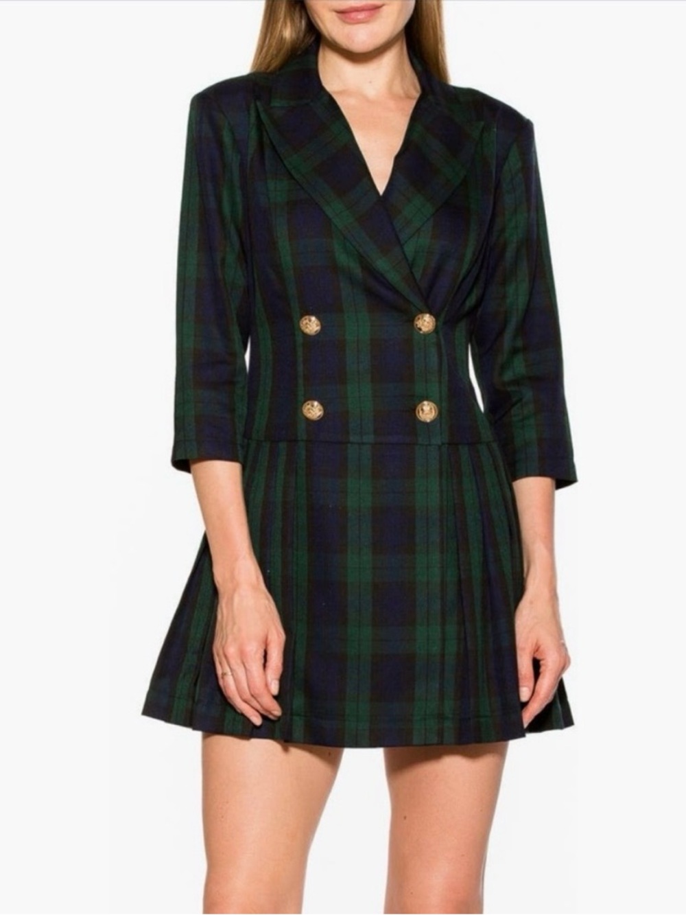 Alexia Admor Green and Navy Plaid Double-Breasted Midi Dress